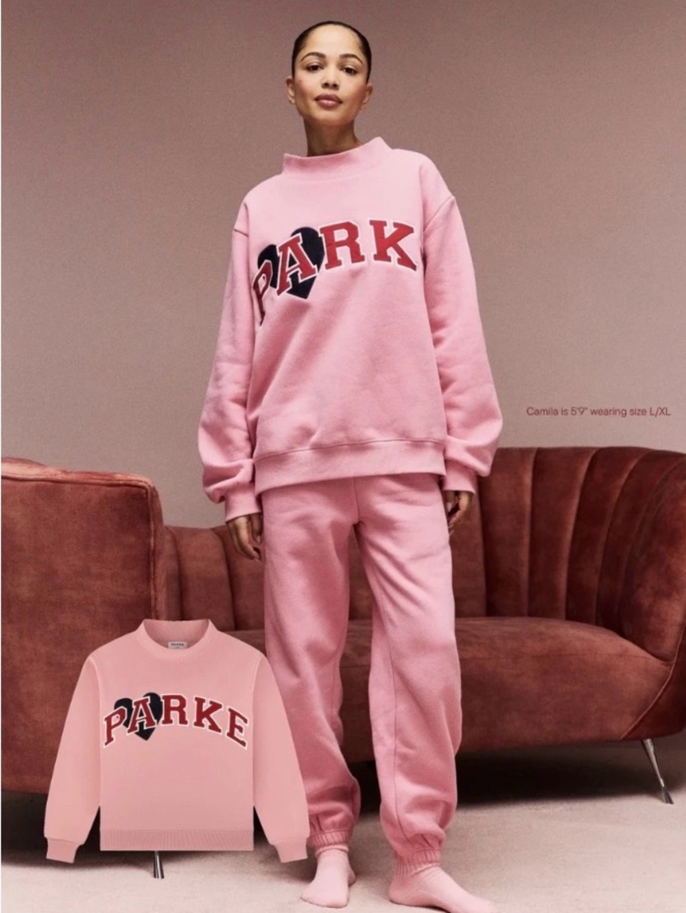 PARKE Valentine’s Jean Heart Varsity Mockneck Blush Pink size L/XL.